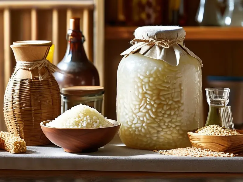 家庭米酒制作材料准备与发酵过程展示