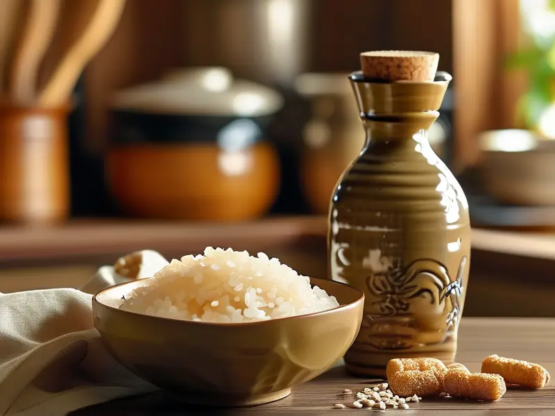 自制米酒成品与原料展示