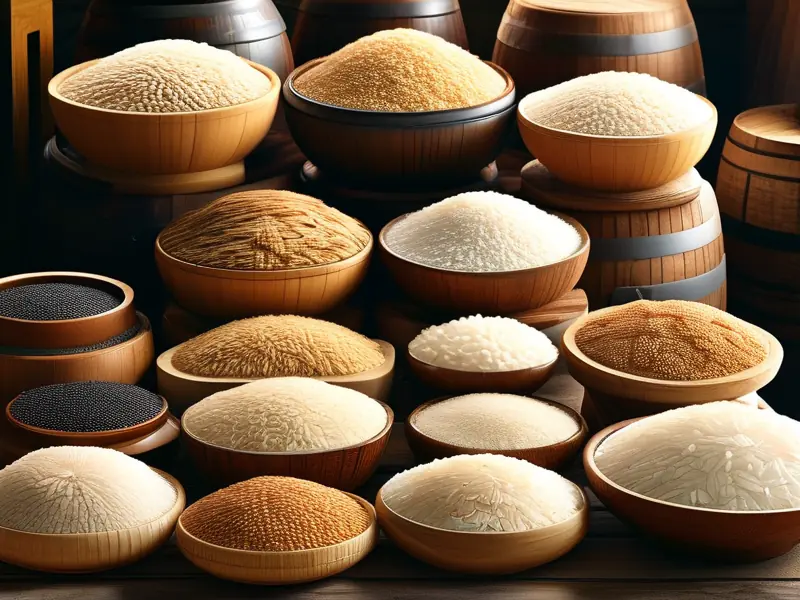 不同种类酿酒用米对比及传统酿酒工具展示