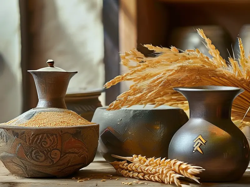 青稞酿酒原料与工具展示图