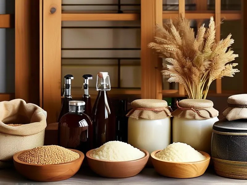 家庭自制谷酒的原料和工具展示