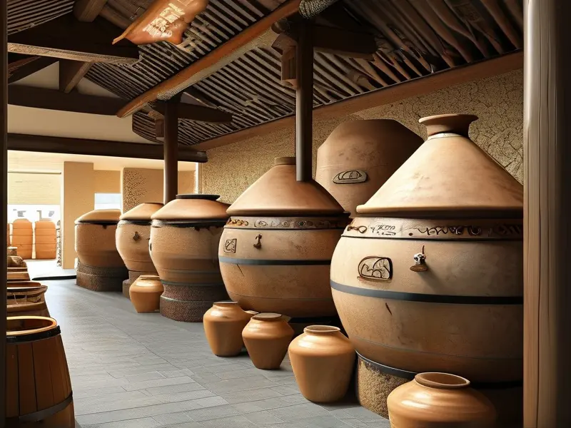 古法酿酒设备厂家展示传统木质酒甑和陶缸