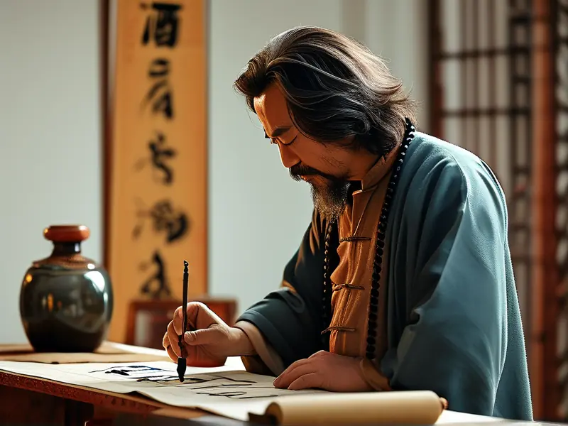 书法家书写‘酒’字的场景