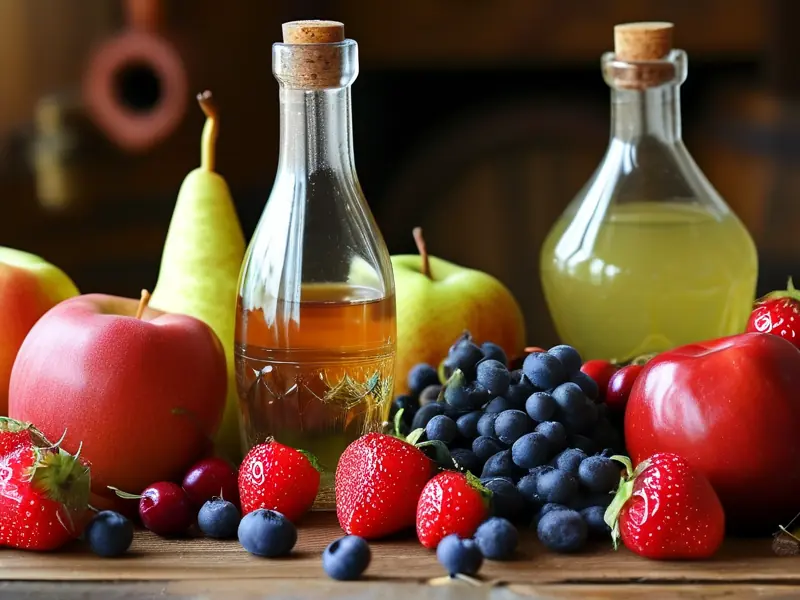 适合制作果酒的多种水果与成品果酒展示