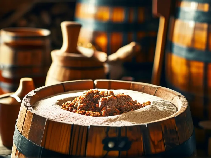 传统酿酒工艺中肥肉与酒曲混合的场景