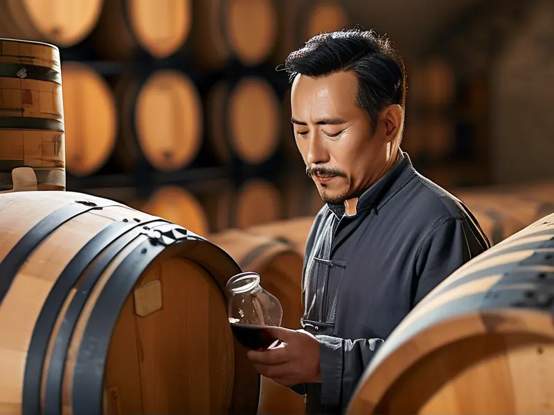 酿酒师徐强在酒窖中工作