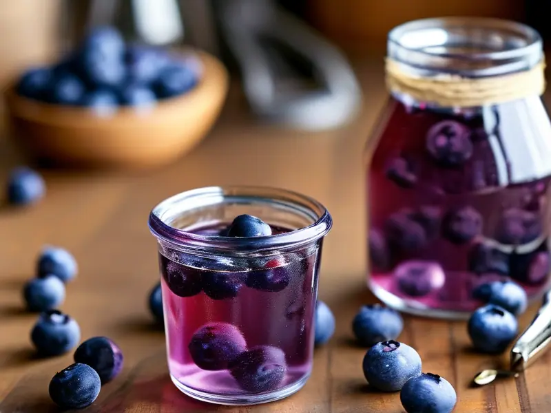 家庭自制蓝莓泡酒原料与容器摆放示意图