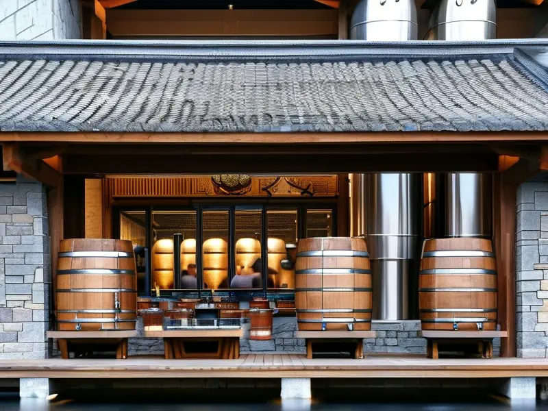 古法酿造酒厂传统工艺与现代设备对比场景