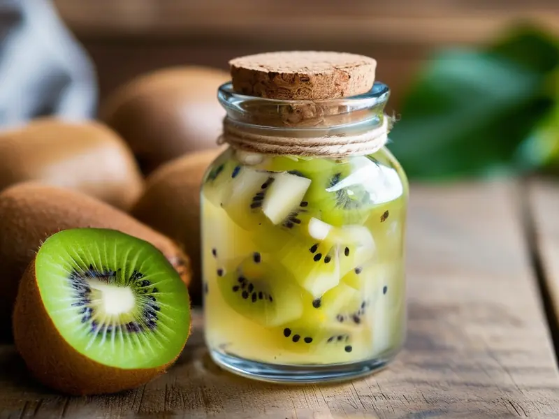 猕猴桃根与白酒在玻璃罐中浸泡过程实拍图