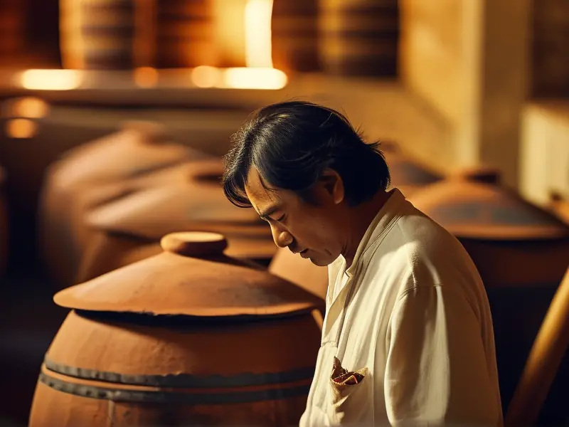 白酒酿造师在酒窖进行品质检查工作场景