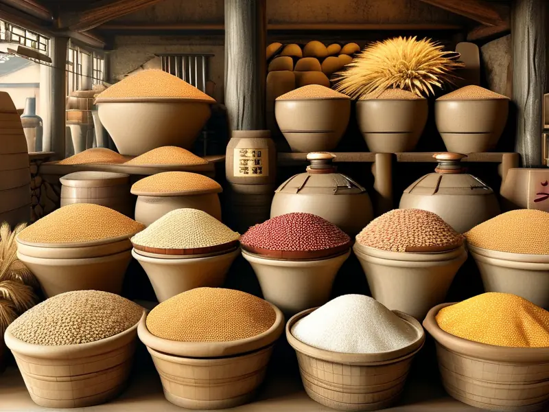 白酒酿造主要原料展示：高粱、玉米、大米、小麦