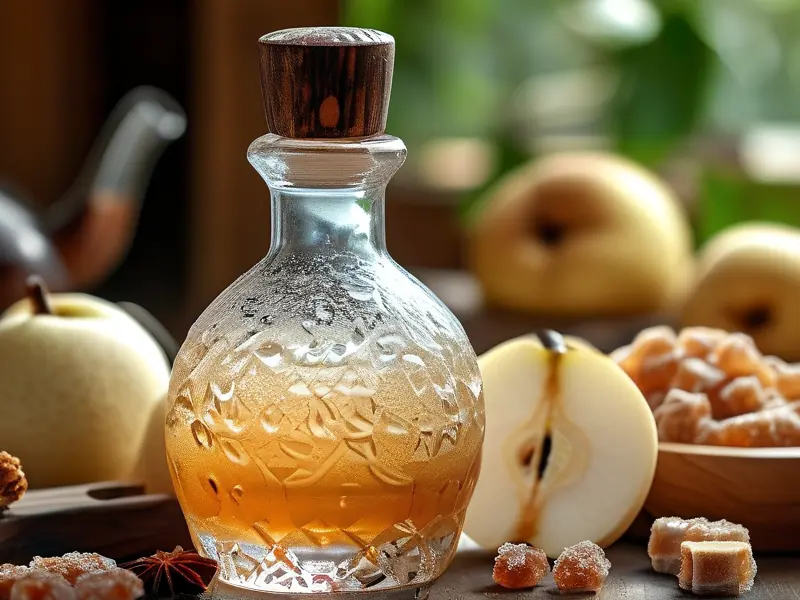 自制冰糖雪梨酒成品与原料展示