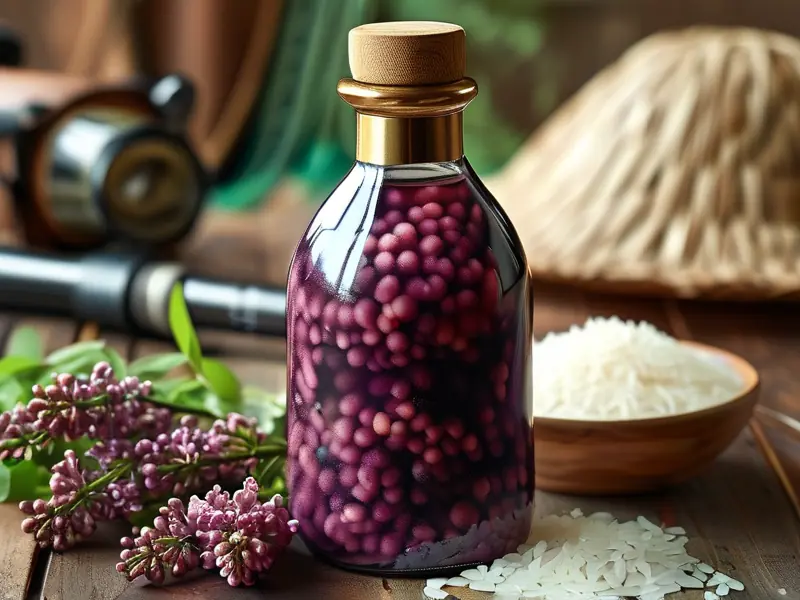 制作完成的丁香酒米与原材料展示