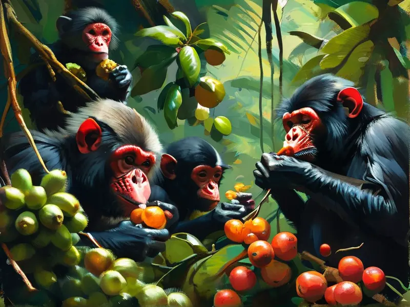 猴子在热带雨林中采集水果酿酒的场景