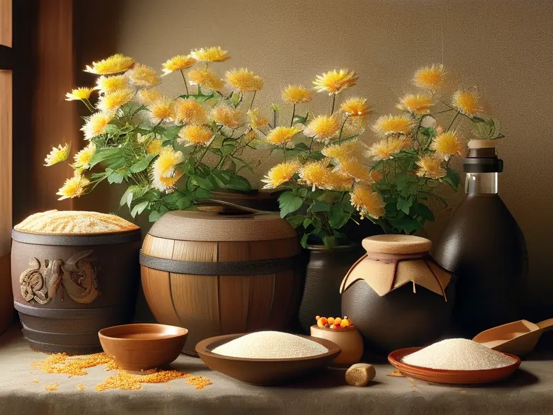 菊花酒传统酿造原料及工具展示