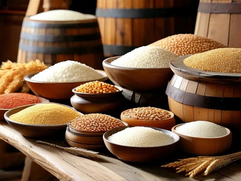 粮食酿酒常用原料展示：高粱、大米、玉米、小麦