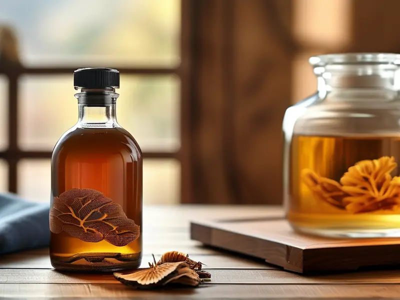 家庭自制灵芝酒成品与原料展示