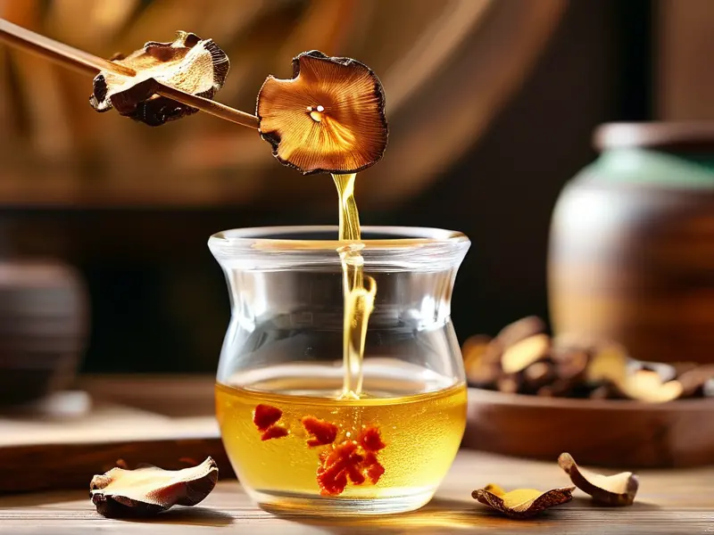 灵芝切片与白酒在玻璃罐中浸泡的特写画面