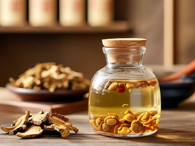 灵芝泡酒原料与容器展示图