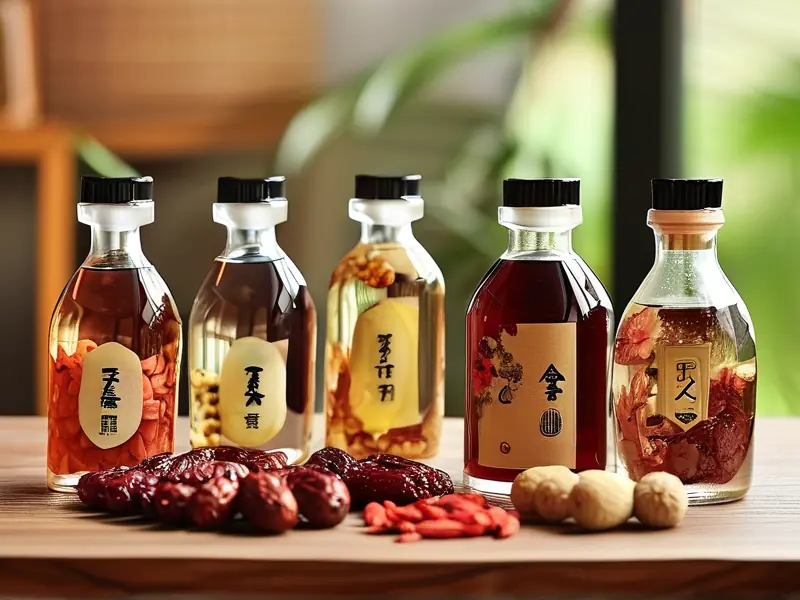 美容养生酒配方材料与成品展示