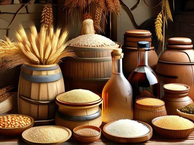 酿制白酒的原料展示：高粱、大米、玉米、小麦等谷物及酒曲