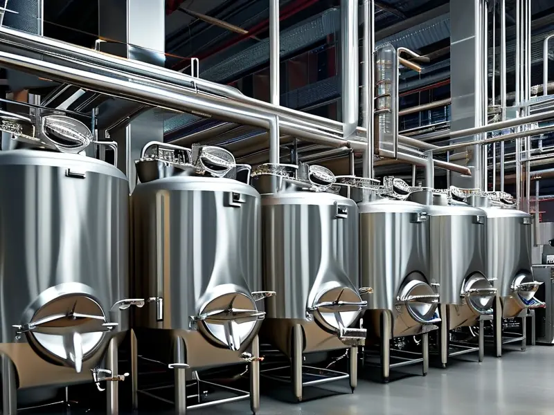啤酒酿造核心设备糖化锅与发酵罐工作场景