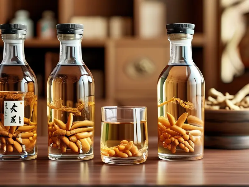 人参虫草泡酒原料与成品展示图