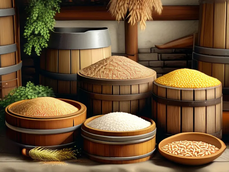 三种粮食酿酒原料与工具展示