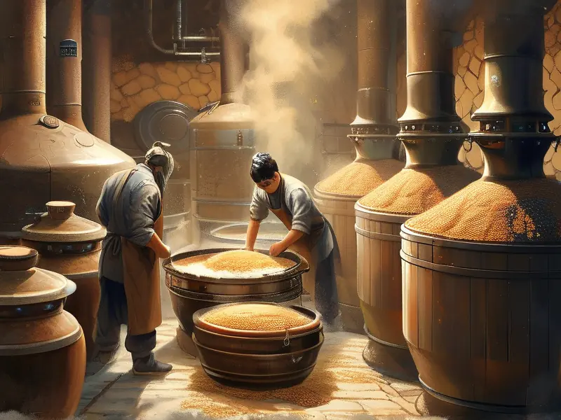 白酒酿造过程中粮食蒸煮与发酵实景