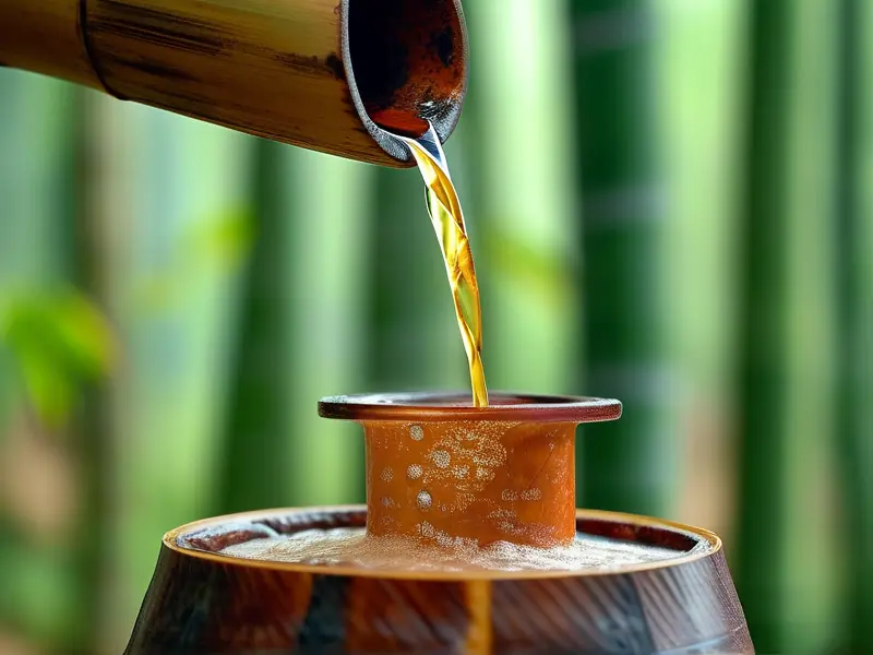 竹子酿酒工艺实拍：竹筒内酒液发酵过程