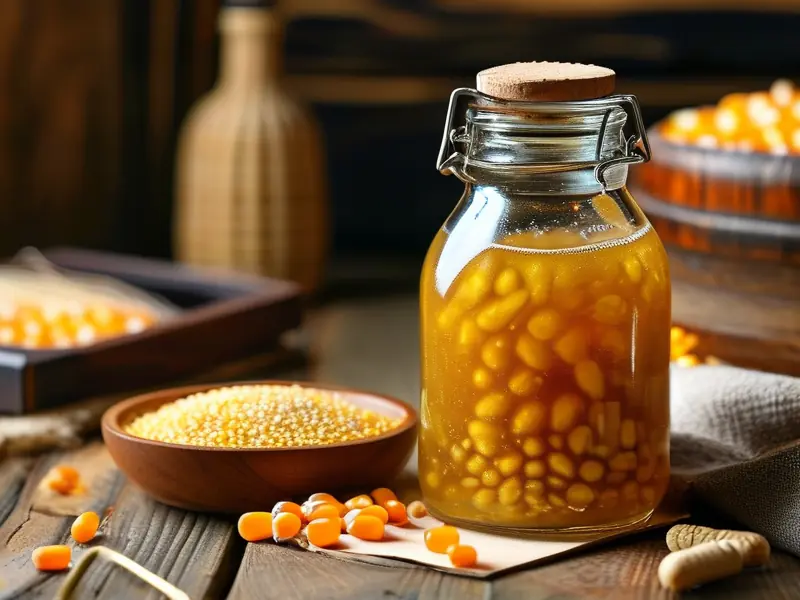 家庭自制玉米酒原料及发酵过程示意图