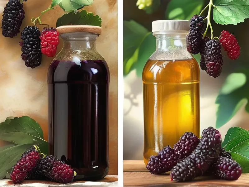 新鲜桑葚与自制桑葚酒对比图