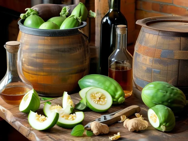 佛手瓜切片与酿酒器具展示