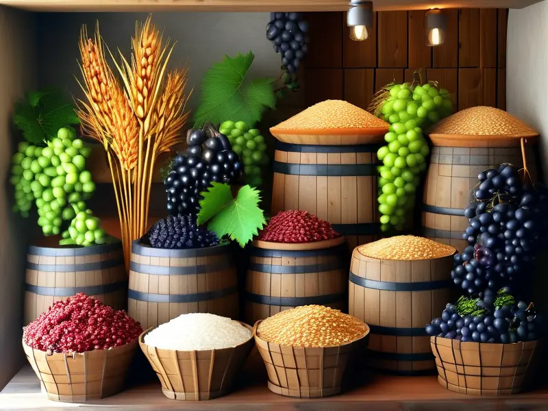 酿酒原料与发酵过程示意图