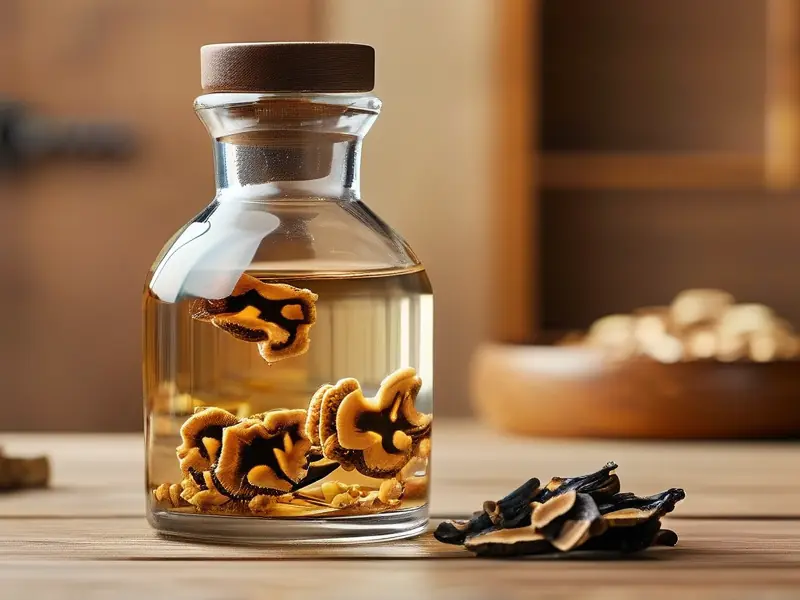 灵芝与白酒浸泡过程实拍图