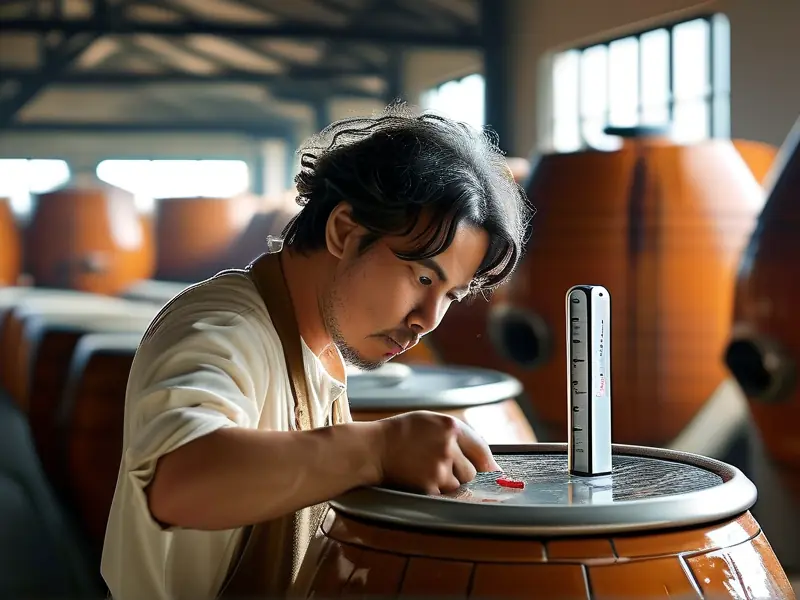 专业酿酒师监测白酒发酵温度过程