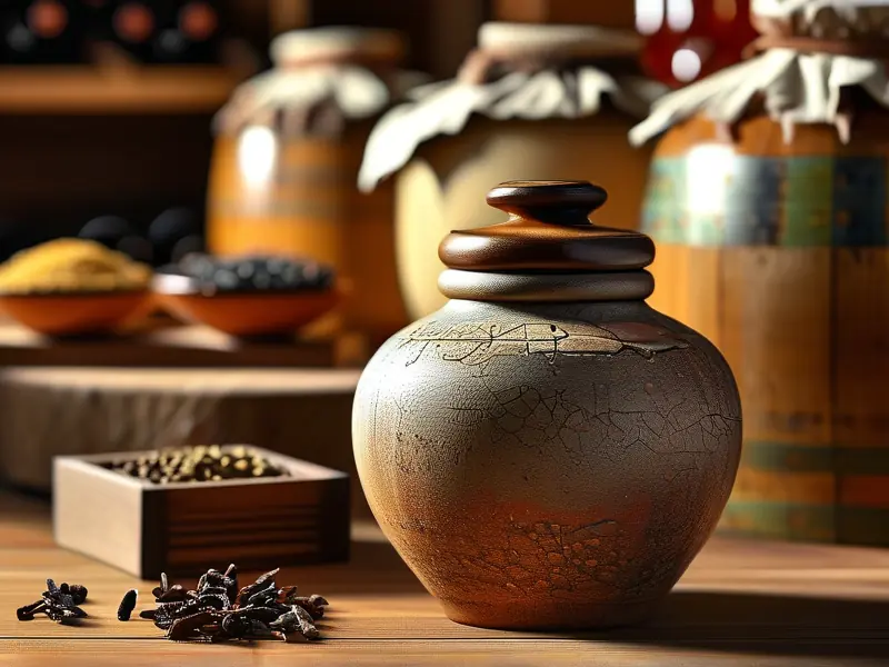 传统酿酒增香材料实拍：桂花陈皮丁香等辅料与陶罐组合