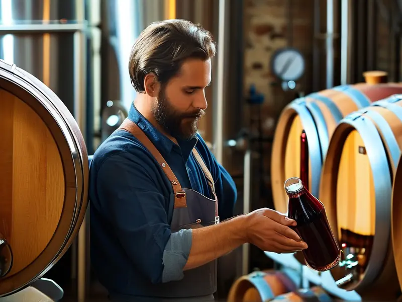 酿酒师检查发酵桶中的酒液