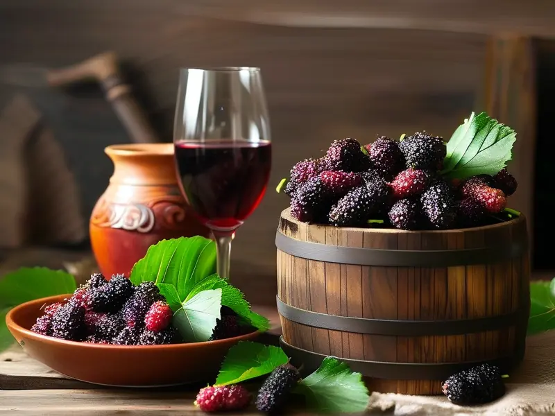 新鲜桑葚与酿酒器具展示桑葚酒酿制过程