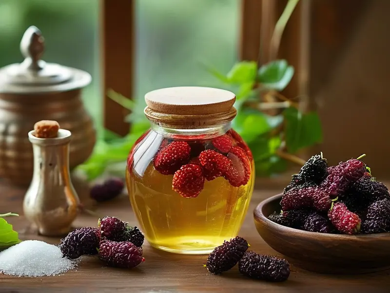 家庭自制桑葚酒原料与工具展示