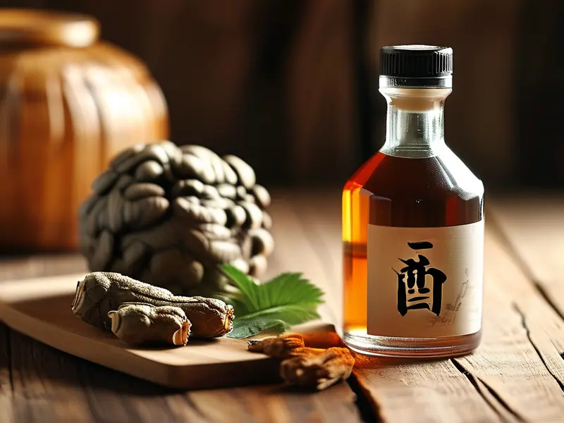 泡制好的三七酒与原材料展示