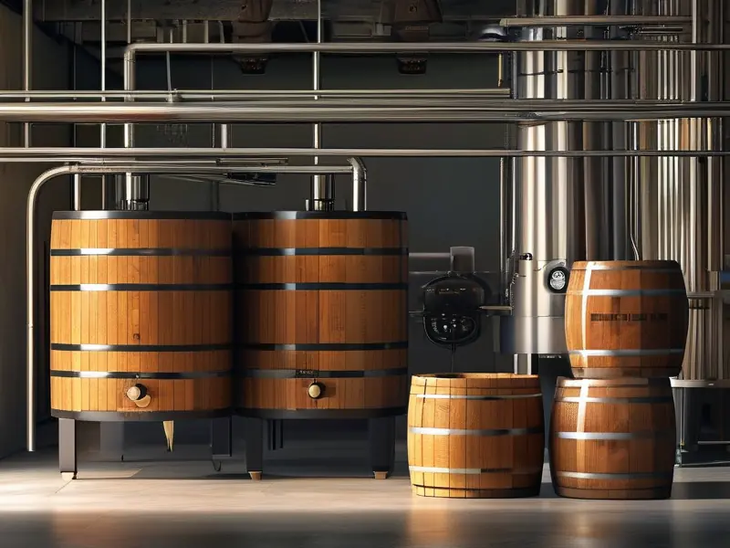 威士忌橡木桶与白酒传统陶坛酿造容器对比示意图