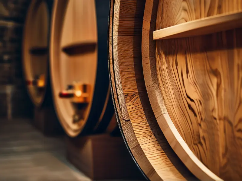 传统橡木桶内部结构与酿酒环境展示