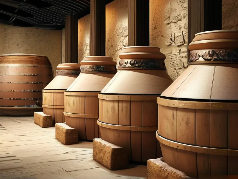古代工匠使用陶瓮和木制工具酿酒的场景