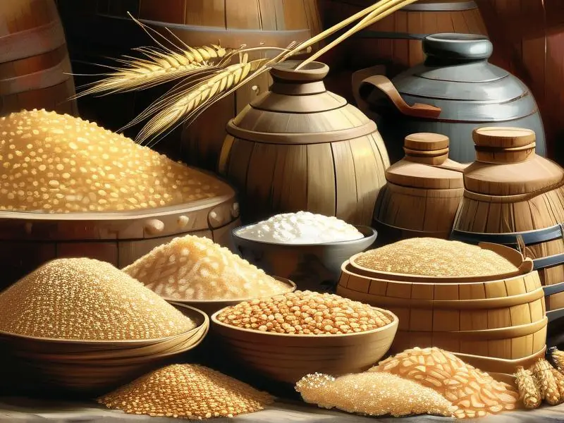 北方黄酒原料展示：糯米、小麦和酒曲