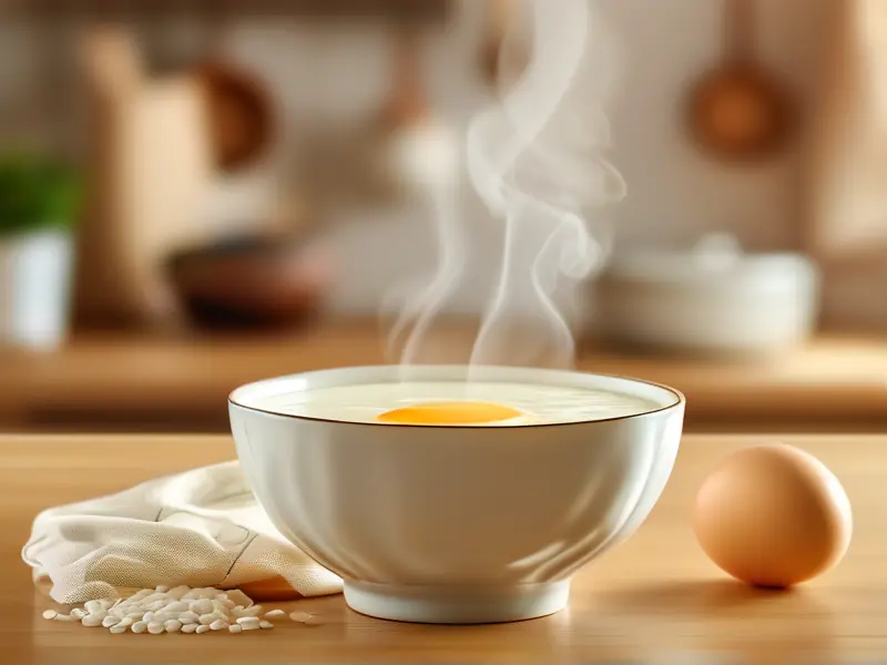 一碗煮好的蛋酒，蛋花均匀，色泽诱人