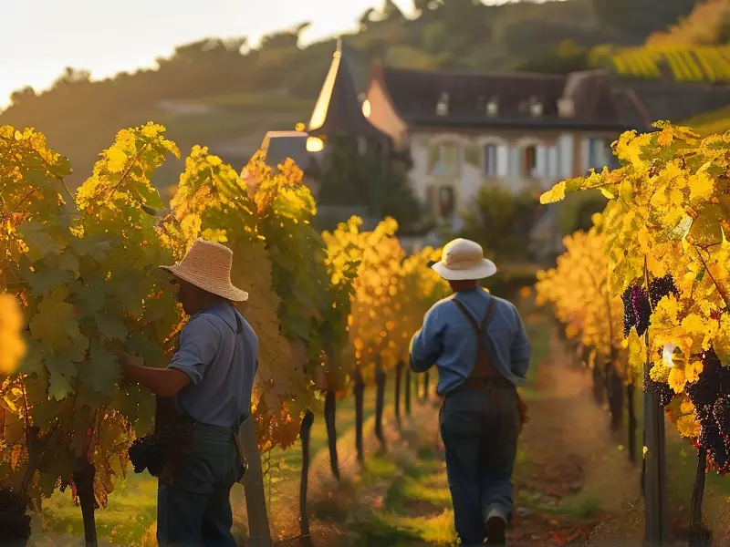 法国葡萄园工人采摘成熟葡萄