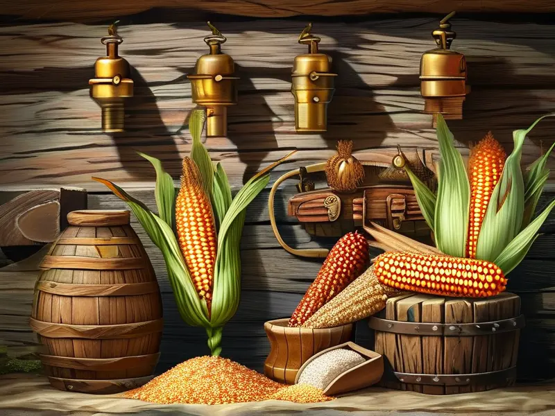 高粱与玉米原料对比及酿酒工具展示