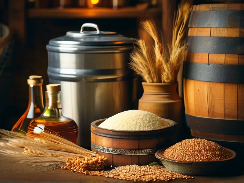 混合粮食酿酒原料与工具展示