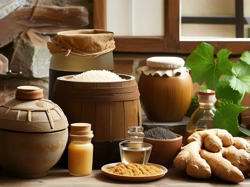 家庭自制姜酒酿造原料与工具展示